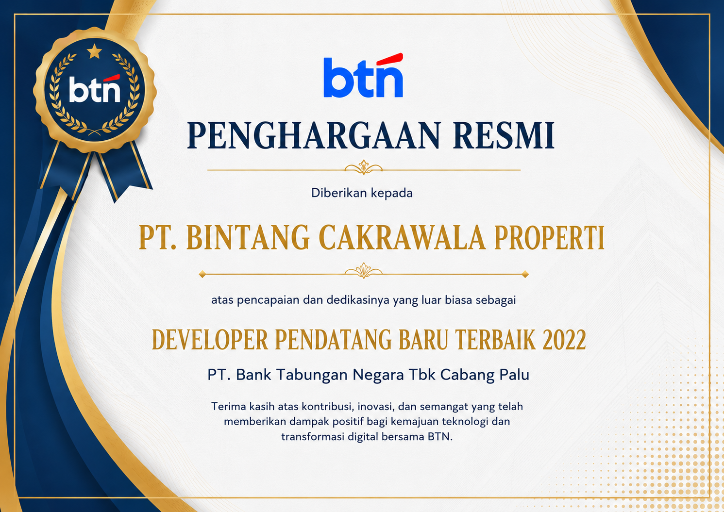 Sertifikat Penghargaan Developer Pendatang Baru Terbaik 2022 — PT. Bank Tabungan Negara Tbk Cabang Palu